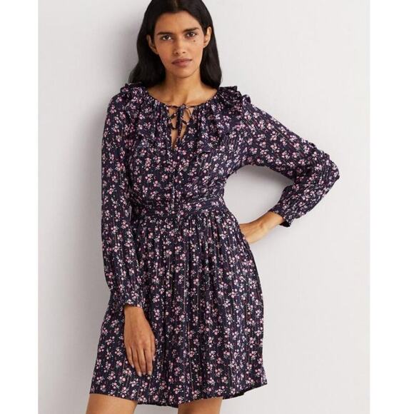 BODEN Metallic Frill Ruffle Detail Mini Fall Dress Navy Berry Sprig Floral Large - Picture 2 of 7